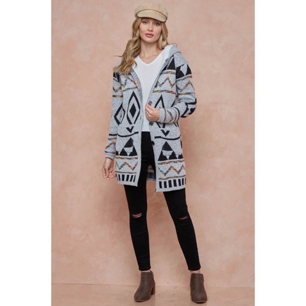 Gray Multi Sweater Hooded Long Knit Cardigan Sweater w/ Sherpa Lining - Picture 4 of 7